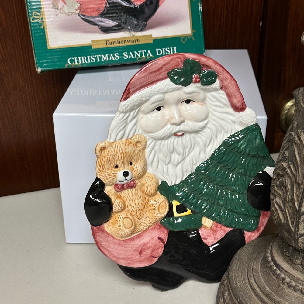 Vintage Earthenware Dish Santa with Bear
